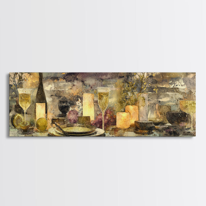 Champagne Coupe with Bubbles and Light Canvas Print, Winery Art, Cocktail Wall Art, Winery Decor, Watercolor Art, Vineyard, WIN-3x1-11