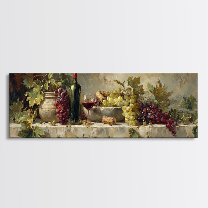 Olive Branch and Wine Glass Mediterranean Still Canvas Print, Winery Art, Retro Wall Art, Winery Decor, Fine Art, Vineyard, WIN-3x1-16
