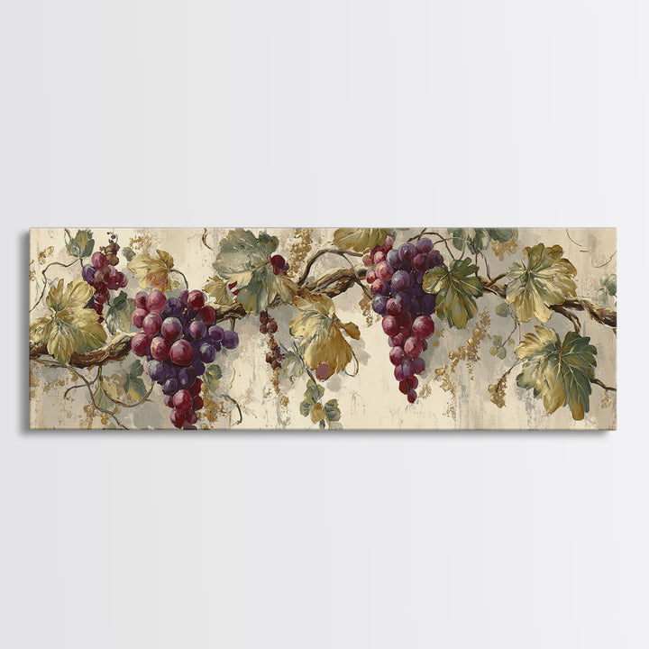 Grapevine Branch with Purple Grapes and Leaves Framed Canvas Print, Winery Art, Gallery Wall Art, Winery Decor, Watercolor Art, WIN-3x1-17