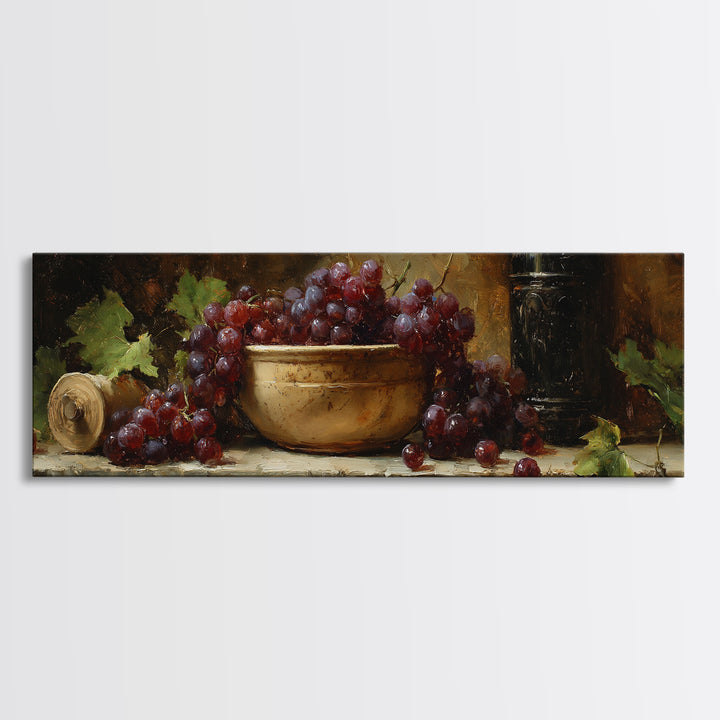 Grapes in a Ceramic Bowl with Shadows Canvas Print, Winery Art, Landscape Art, Winery Decor, Abstract Art, Vineyard, Room Decor, WIN-3x1-25