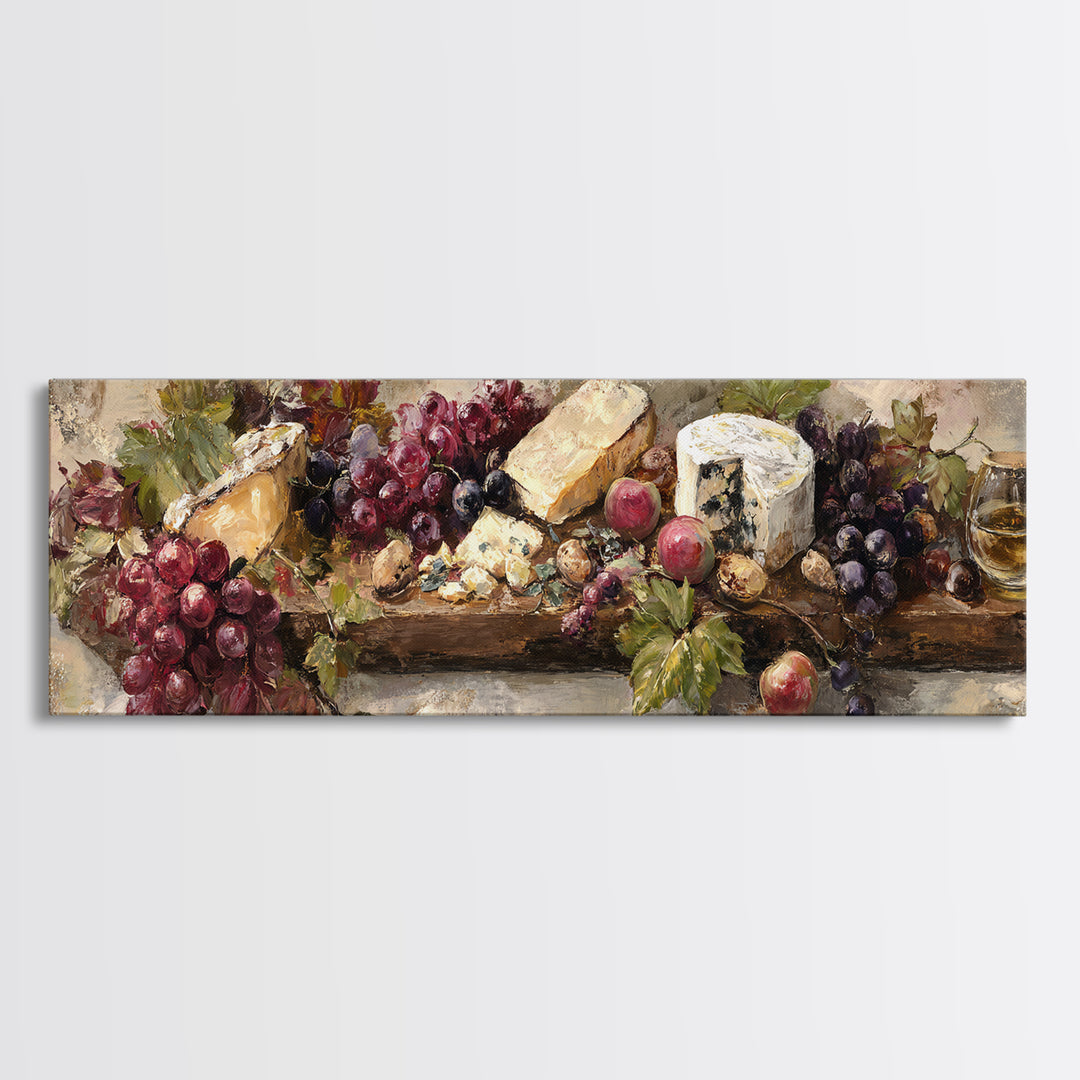 Charcuterie Board with Grapes and Cheese Canvas Print, Winery Art, Kitchen Wall Decor, Winery Decor, Oil Painting, Vineyard, WIN-3x1-29