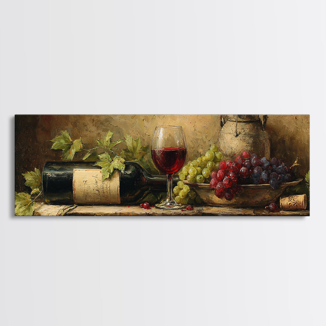 Olive Branch and Wine Glass Mediterranean Still Canvas Print, Winery Art, Neutral Decor, Winery Decor, Oil Painting, Vineyard, WIN-3x1-40
