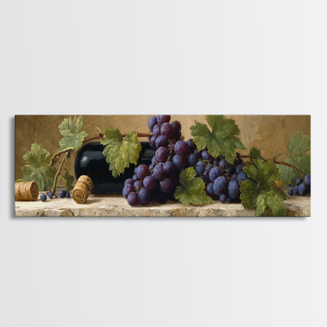 Grapevine Branch with Purple Grapes and Leaves Canvas Print, Winery Art, Cocktail Wall Art, Winery Decor, Fine Art, Vineyard, WIN-3x1-41
