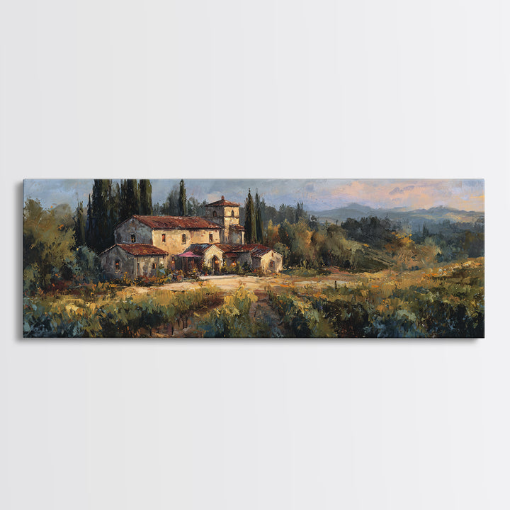 Tuscan Vineyard at Golden Hour Canvas Print, Winery Art, Print, Winery Decor, Vineyard, Wall Art Print, Watercolor Painting, WIN-3x1-43