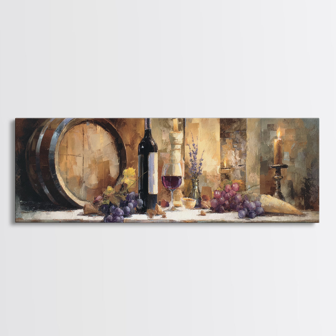 Wine Barrel with Lavender and Sunlight Canvas Print, Winery Art, Retro Wall Art, Winery Decor, Fine Art, Vineyard, Modern Decor, WIN-3x1-46