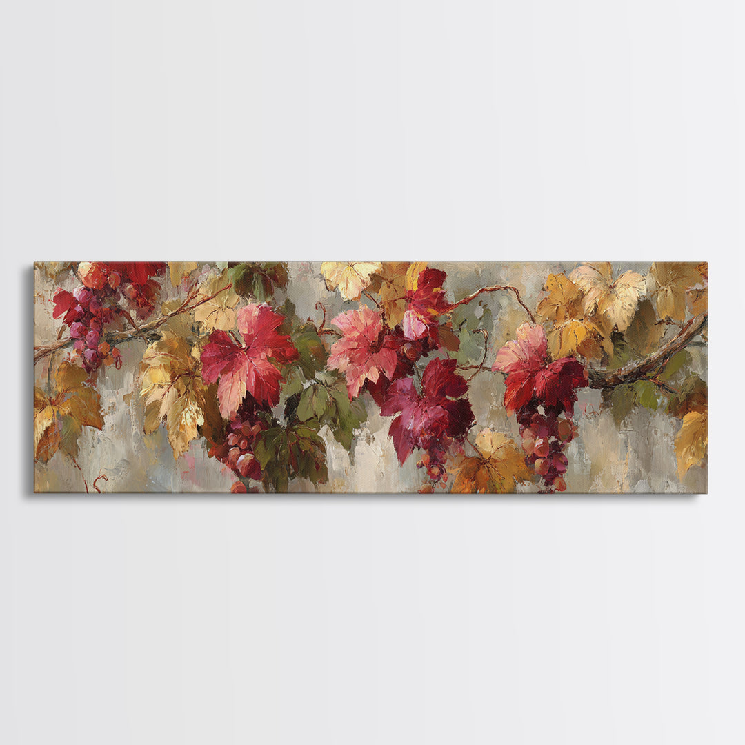 Vine Leaves Turning Autumn Red and Gold Framed Canvas Print, Winery Art, Printable Wall Art, Winery Decor, Fine Art, Vineyard, WIN-3x1-51
