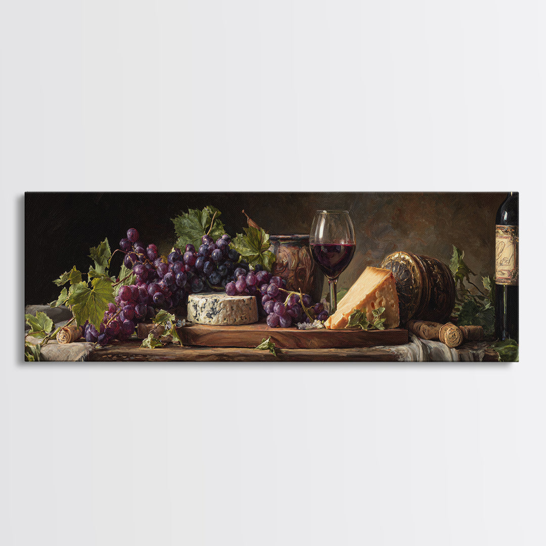 Charcuterie Board with Grapes and Cheese Framed Canvas Print, Winery Art, Bar Art, Winery Decor, Fine Art, Vineyard, WIN-3x1-53