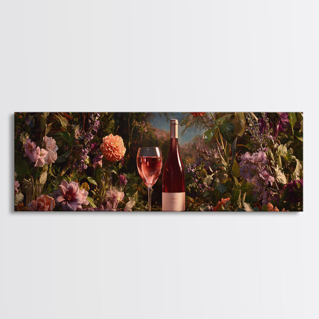 Ros Glass Beside Summer Flowers Canvas Print, Winery Art, Living Room Art, Winery Decor, Watercolor Art, Vineyard, WIN-3x1-54