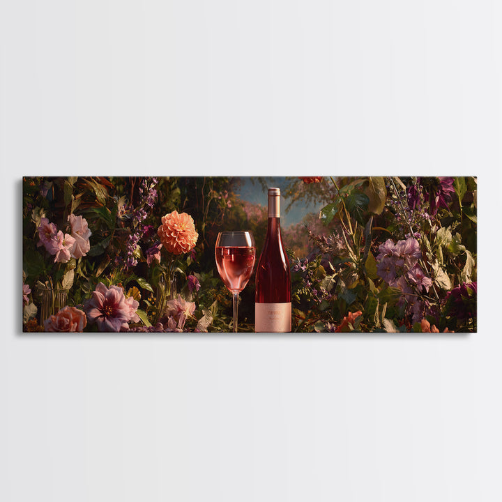 Ros Glass Beside Summer Flowers Canvas Print, Winery Art, Living Room Art, Winery Decor, Watercolor Art, Vineyard, WIN-3x1-54