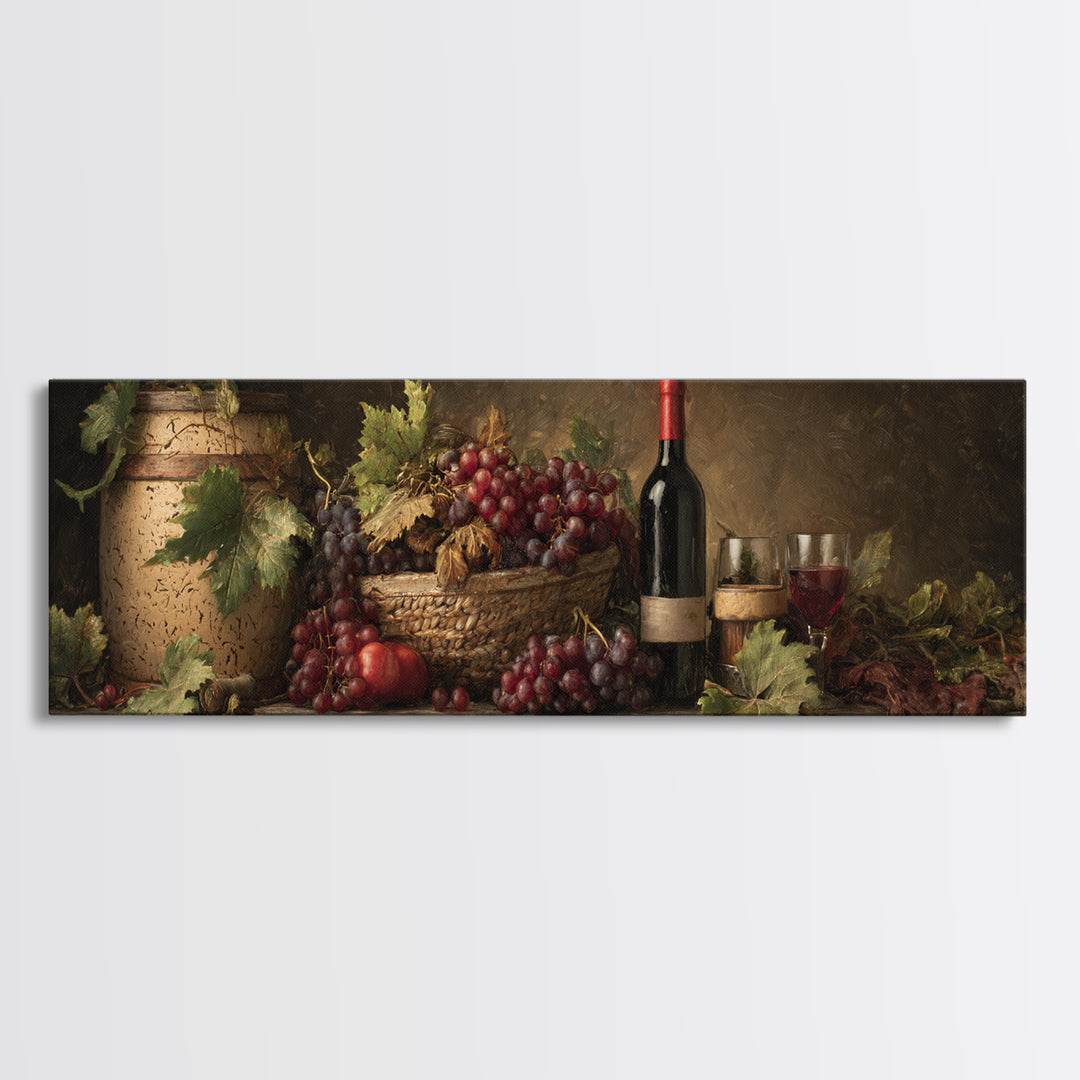 Wine Harvest Basket Canvas Print, Winery Art, Boho Decor, Winery Decor, Oil Painting, Vineyard, Art Print, Printable Wall Art, WIN-3x1-62
