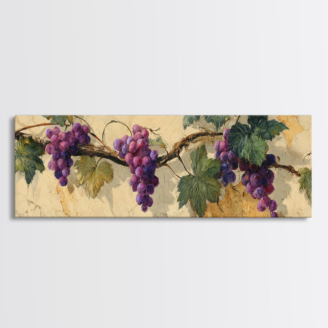 Grapevine Branch with Purple Grapes and Leaves Canvas Print, Winery Art, Cocktail Wall Art, Winery Decor, Fine Art, Vineyard, WIN-3x1-65