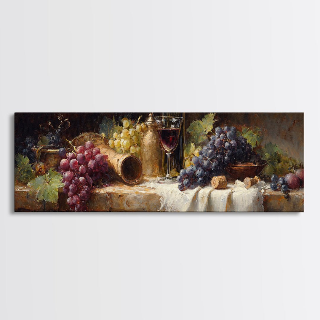 Champagne Grapes and White Linen Still Life Framed Canvas Print, Winery Art, Gallery Decor, Winery Decor, Fine Art, Vineyard, WIN-3x1-69