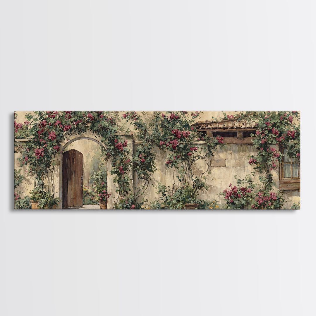 Vineyard Gate with Climbing Roses Framed Canvas Print, Winery Art, Statement Artwork, Winery Decor, Fine Art, Vineyard, WIN-3x1-7