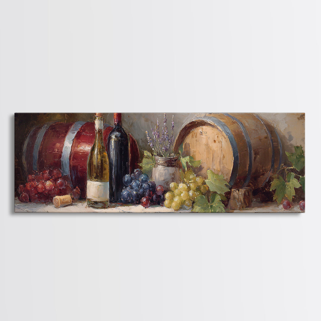 Wine Barrel with Lavender and Sunlight Canvas Print, Winery Art, Wall Art, Winery Decor, Oil Painting, Vineyard, WIN-3x1-70