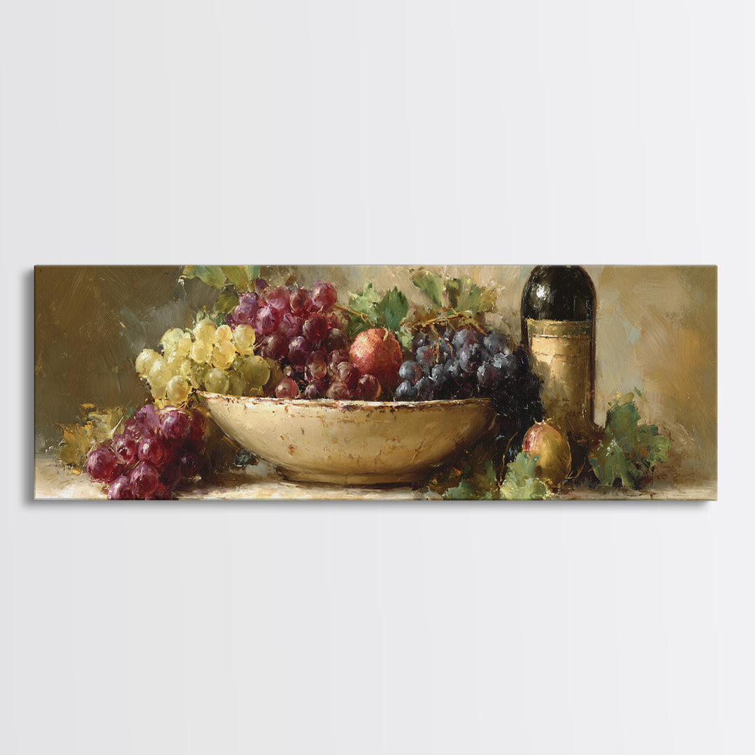 Grapes in a Ceramic Bowl with Shadows Framed Canvas Print, Winery Art, Neutral Decor, Winery Decor, Fine Art, Vineyard, WIN-3x1-73