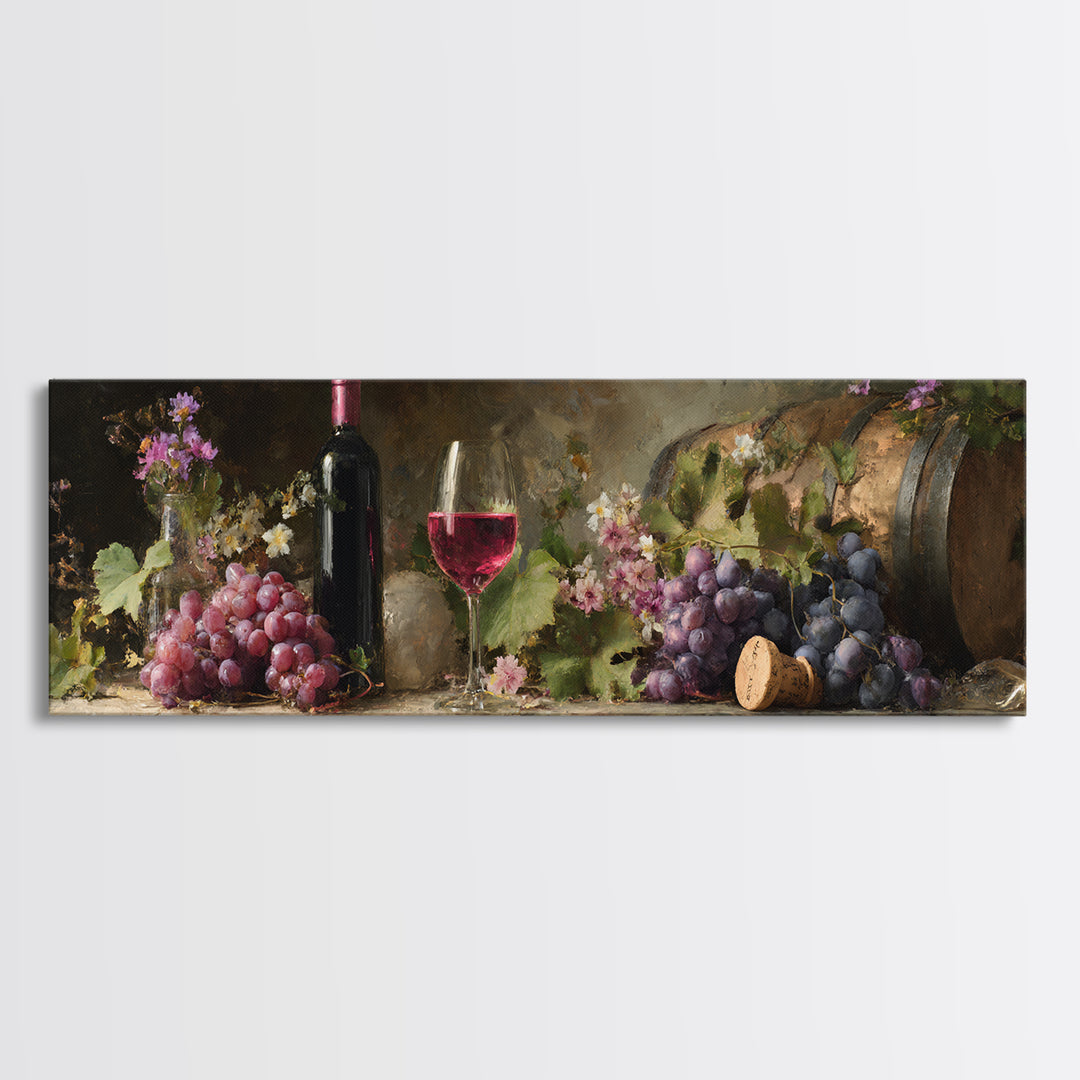 Ros Glass Beside Summer Flowers Canvas Print, Winery Art, Winery Decor, Oil Painting, Vineyard, Retro Wall Art, WIN-3x1-78