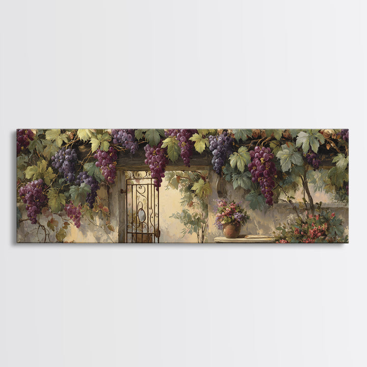 Vineyard Gate with Climbing Roses Framed Canvas Print, Winery Art, Farmhouse Decor, Winery Decor, Oil Painting, Vineyard, WIN-3x1-79