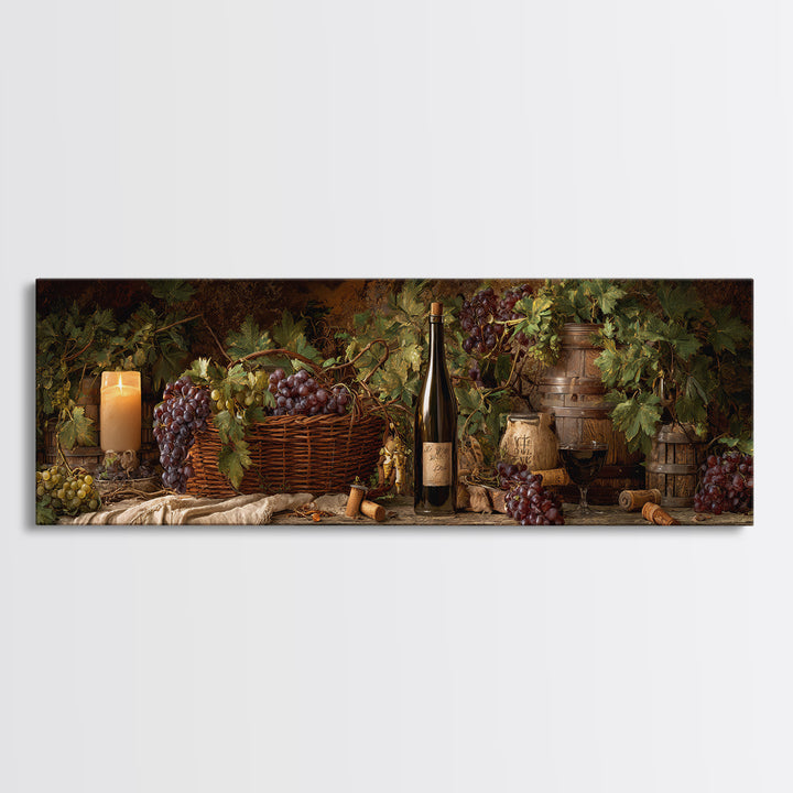 Wine Harvest Basket Canvas Print, Winery Art, Kitchen Art, Winery Decor, Watercolor Art, Vineyard, Living Room Art, WIN-3x1-86