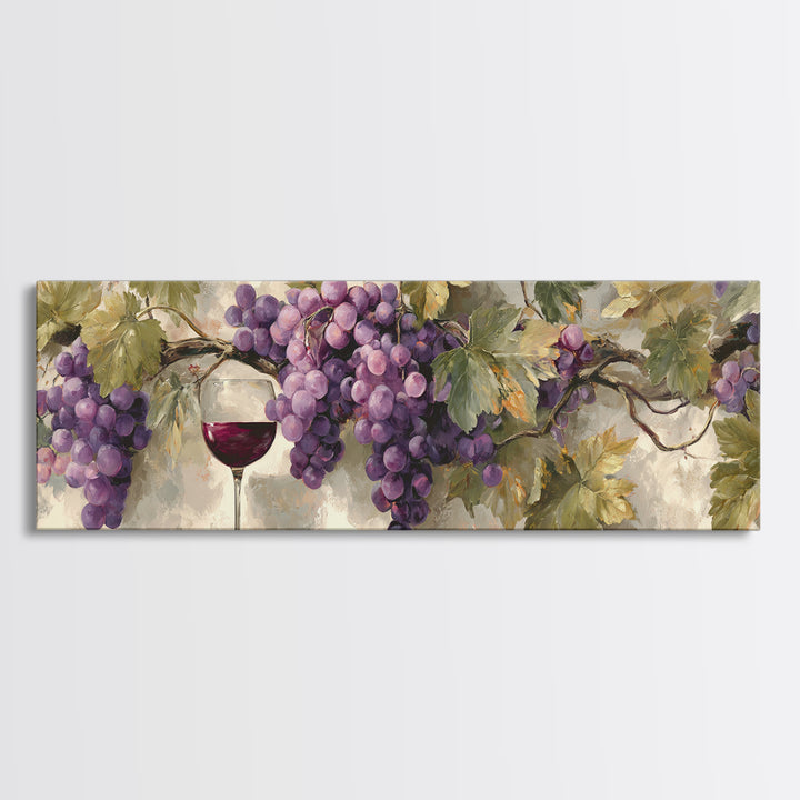 Grapevine Branch with Purple Grapes and Leaves Framed Canvas Print, Winery Art, Boho Decor, Winery Decor, Fine Art, Vineyard, WIN-3x1-89