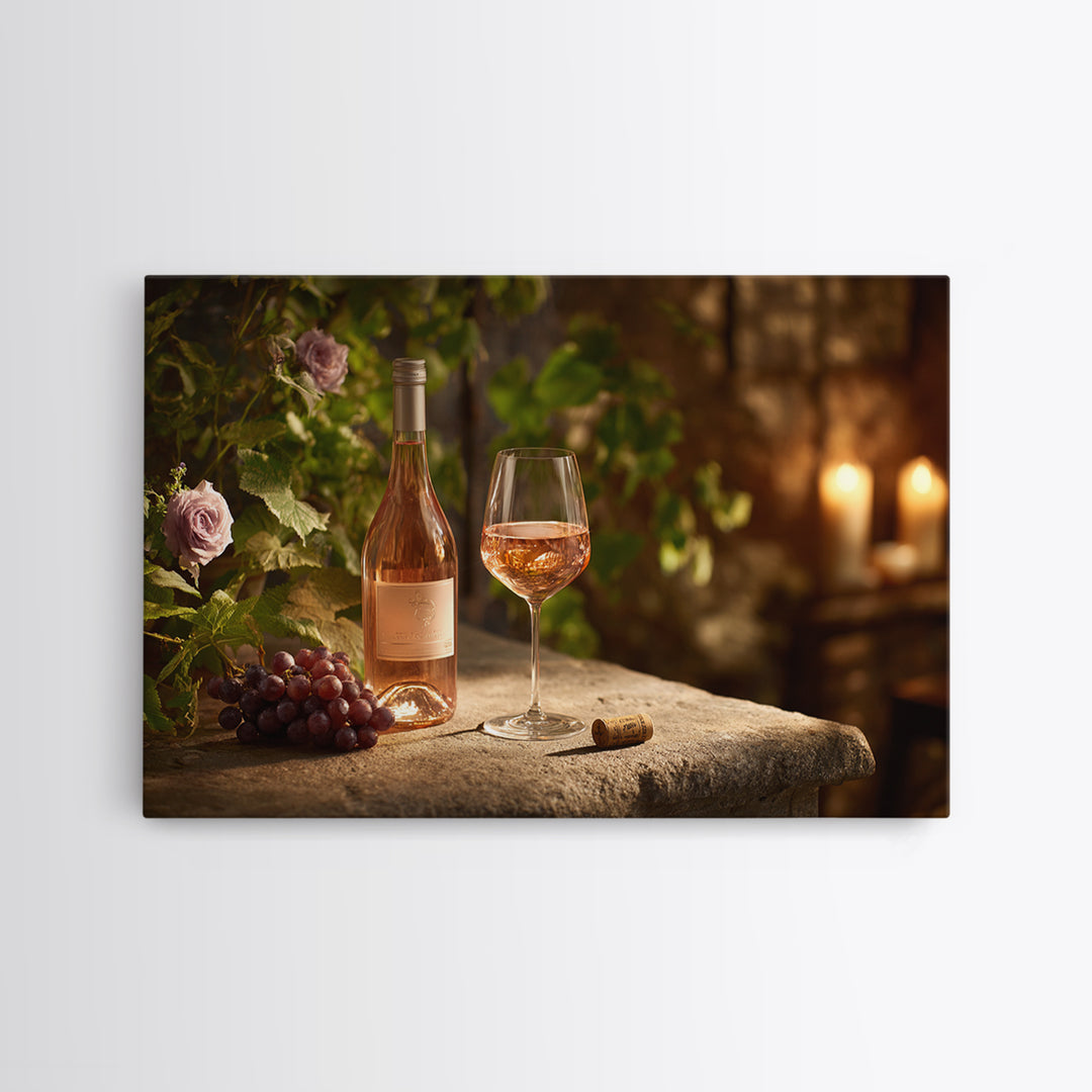 Ros Glass Beside Summer Flowers Framed Canvas Print, Winery Art, Framed Art, Winery Decor, Watercolor Art, Vineyard, WIN-3x2-18