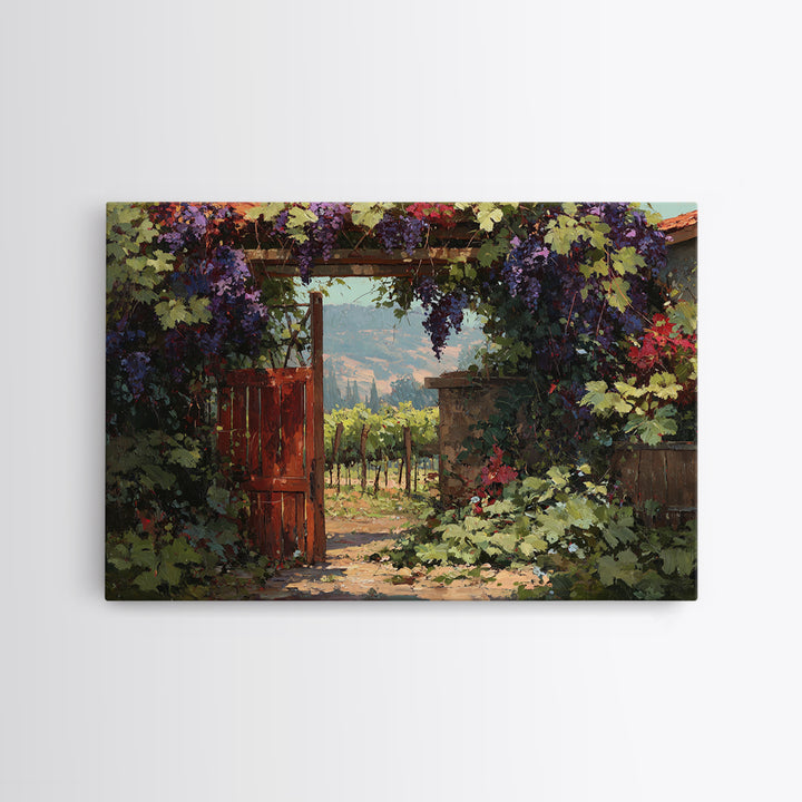 Vineyard Gate with Climbing Roses Framed Canvas Print, Winery Art, Statement Artwork, Winery Decor, Fine Art, Vineyard, WIN-3x2-19