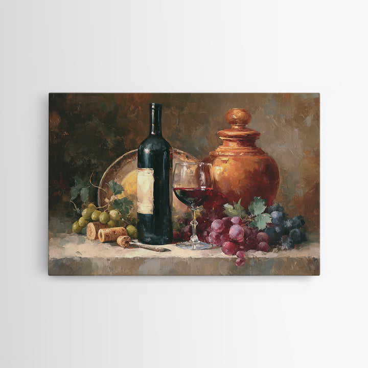 Olive Branch and Wine Glass Mediterranean Still Framed Canvas Print, Winery Art, Retro Wall Art, Winery Decor, Vineyard, WIN-3x2-28