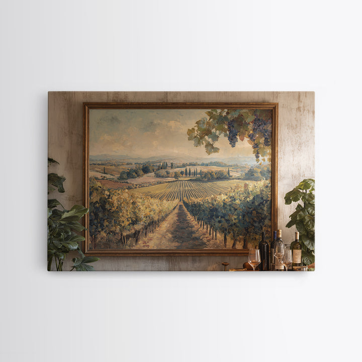 Tuscan Vineyard at Golden Hour Framed Canvas Print, Winery Art, Statement Artwork, Winery Decor, Fine Art, Vineyard, Painting, WIN-3x2-31