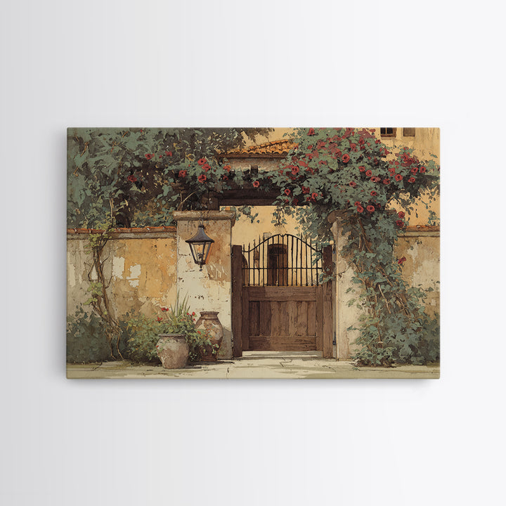 Vineyard Gate with Climbing Roses Canvas Print, Winery Art, Winery Decor, Abstract Art, Vineyard, Wall Hanging, WIN-3x2-43