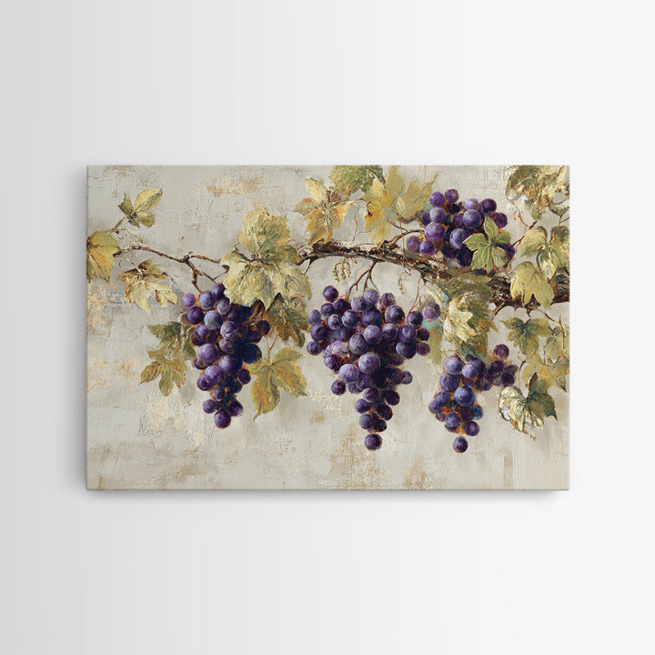 Grapevine Branch with Purple Grapes and Leaves Framed Canvas Print, Winery Art, Bar Art, Winery Decor, Oil Painting, Vineyard, WIN-3x2-5