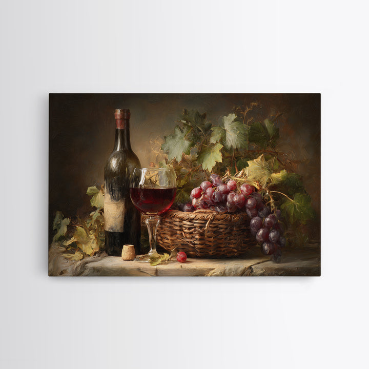 Wine Harvest Basket Framed Canvas Print, Winery Art, Kitchen Wall Decor, Winery Decor, Oil Painting, Vineyard, Fine Art Print, WIN-3x2-50