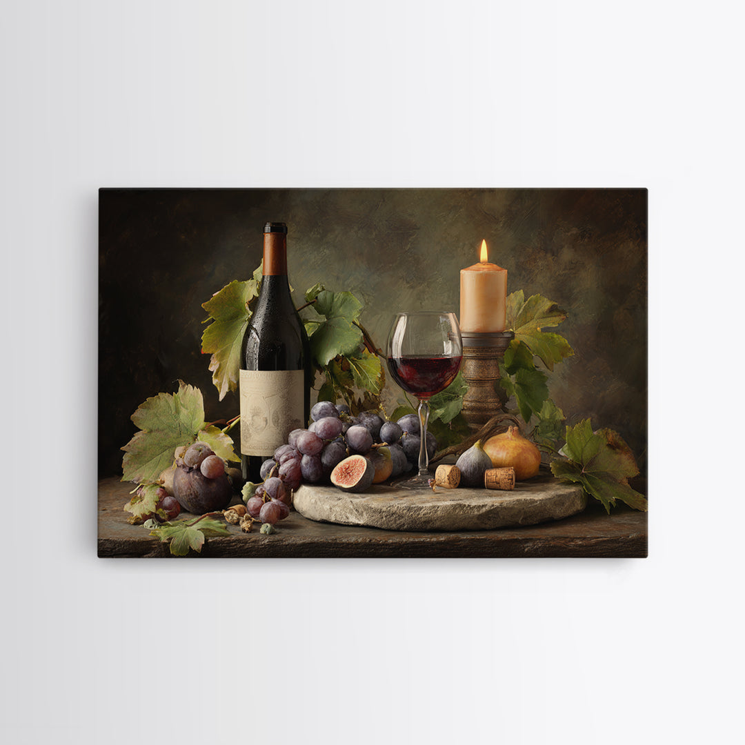 Wine Bottle and Glass Still Life Framed Canvas Print, Winery Art, Living Room Decor, Winery Decor, Fine Art, Vineyard, WIN-3x2-6