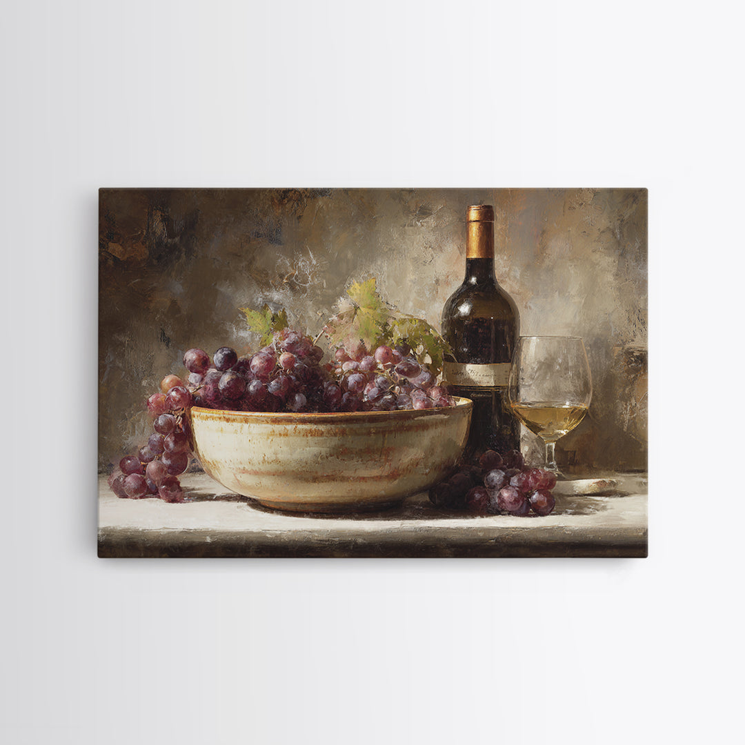 Grapes in a Ceramic Bowl with Shadows Canvas Print, Winery Art, Travel Poster, Winery Decor, Oil Painting, Vineyard, WIN-3x2-61