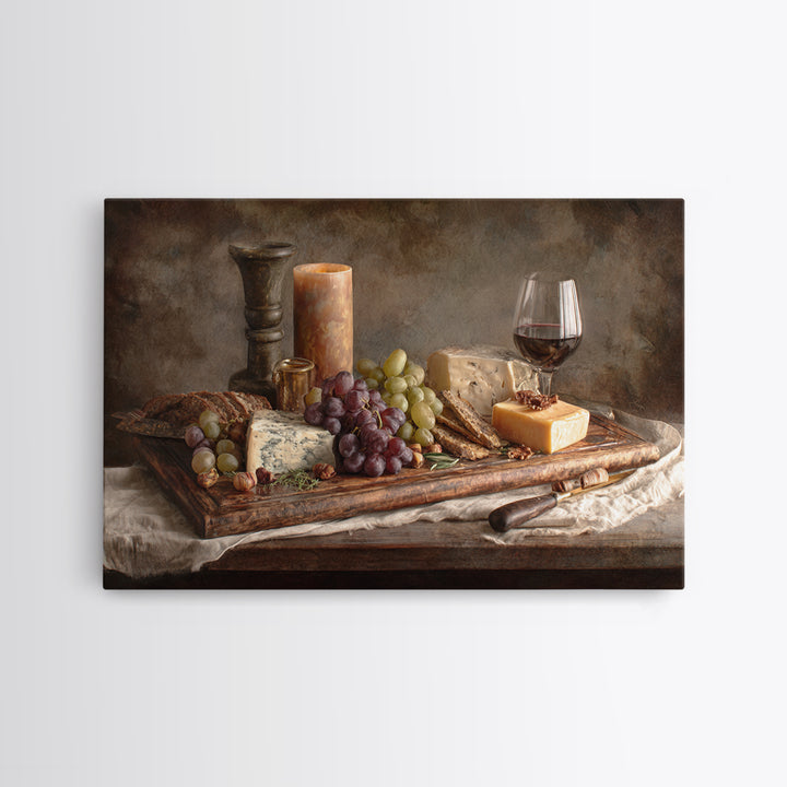 Charcuterie Board with Grapes and Cheese Framed Canvas Print, Winery Art, Cocktail Wall Art, Winery Decor, Watercolor Art, WIN-3x2-65