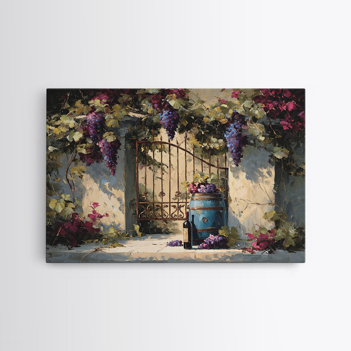 Vineyard Gate with Climbing Roses Canvas Print, Winery Art, Oil Painting, Winery Decor, Watercolor Art, Vineyard, WIN-3x2-67