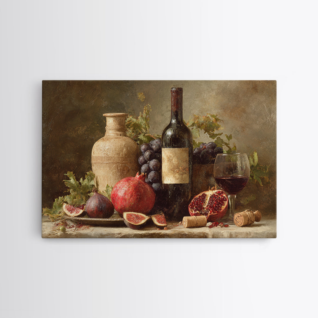 Pomegranate Figs and Red Wine Composition Framed Canvas Print, Winery Art, Gallery Decor, Winery Decor, Fine Art, Vineyard, WIN-3x2-69