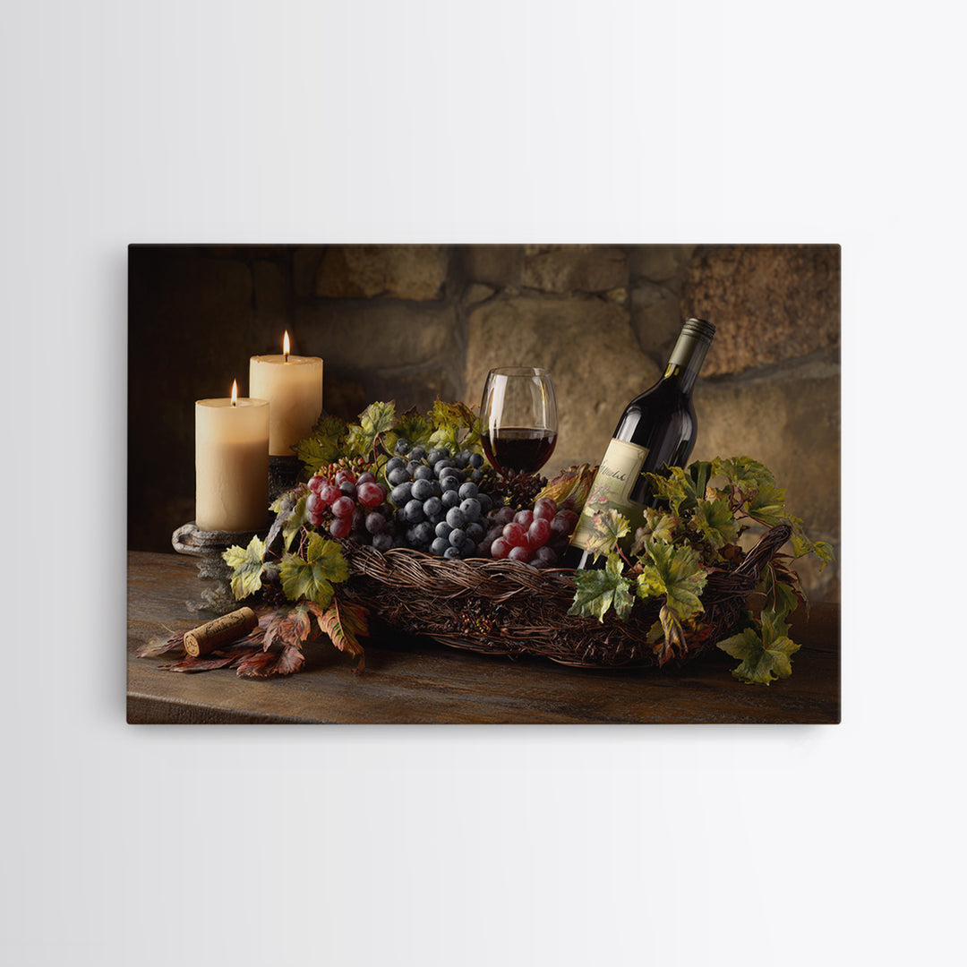 Wine Harvest Basket Framed Canvas Print, Winery Art, Kitchen Wall Decor, Winery Decor, Oil Painting, Vineyard, Fine Art Print, WIN-3x2-74