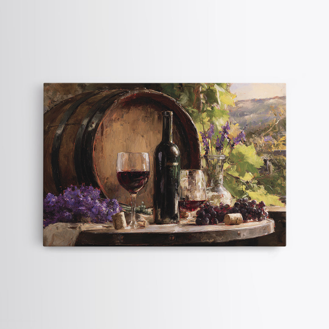 Wine Barrel with Lavender and Sunlight Framed Canvas Print, Winery Art, Travel Poster, Winery Decor, Oil Painting, Vineyard, WIN-3x2-82