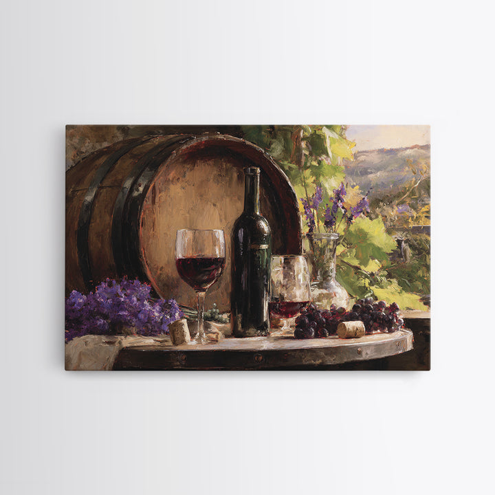 Wine Barrel with Lavender and Sunlight Framed Canvas Print, Winery Art, Travel Poster, Winery Decor, Oil Painting, Vineyard, WIN-3x2-82