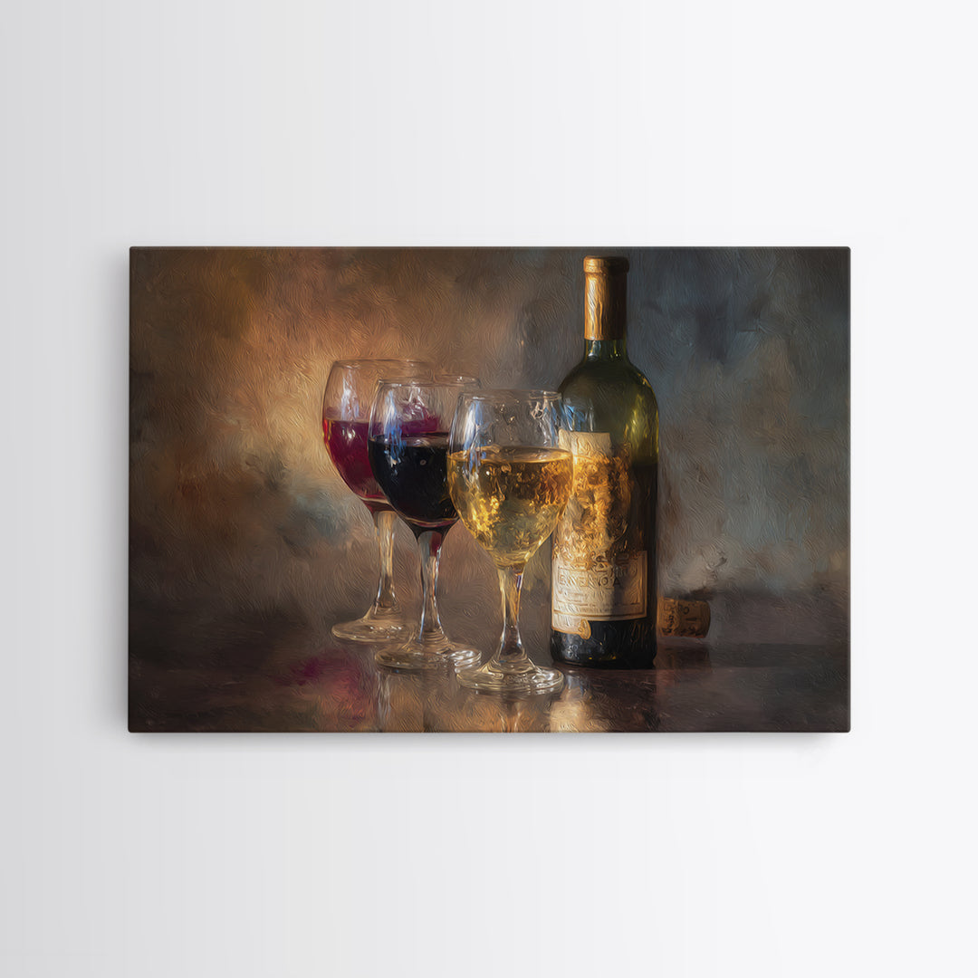 Wine Tasting Flight Rendered as Elegant Still Framed Canvas Print, Winery Art, Gallery Wall Art, Winery Decor, Vineyard, WIN-3x2-86