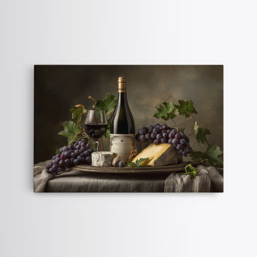 Charcuterie Board with Grapes and Cheese Canvas Print, Winery Art, Boho Decor, Winery Decor, Oil Painting, Vineyard, Art Print, WIN-3x2-89