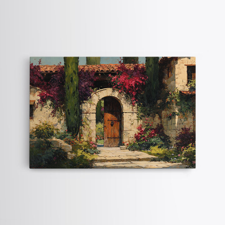 Vineyard Gate with Climbing Roses Framed Canvas Print, Winery Art, Farmhouse Decor, Winery Decor, Oil Painting, Vineyard, WIN-3x2-91