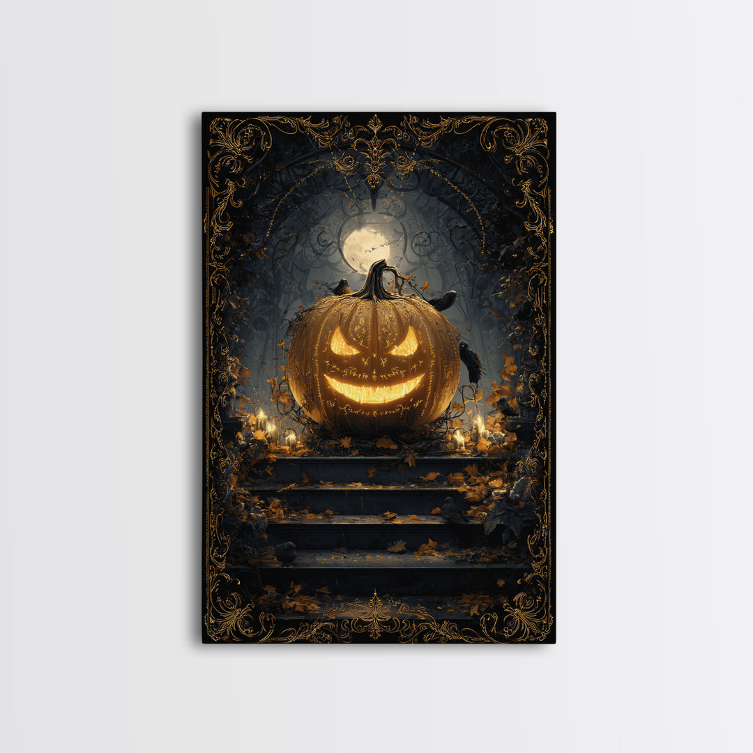 The Gold-Crowned Pumpkin Oracle - Icon Portrait, Occult Wall Decor, Vertical Wall Art, Canvas Print, Halloween Home Decor, Gothic Wall Art