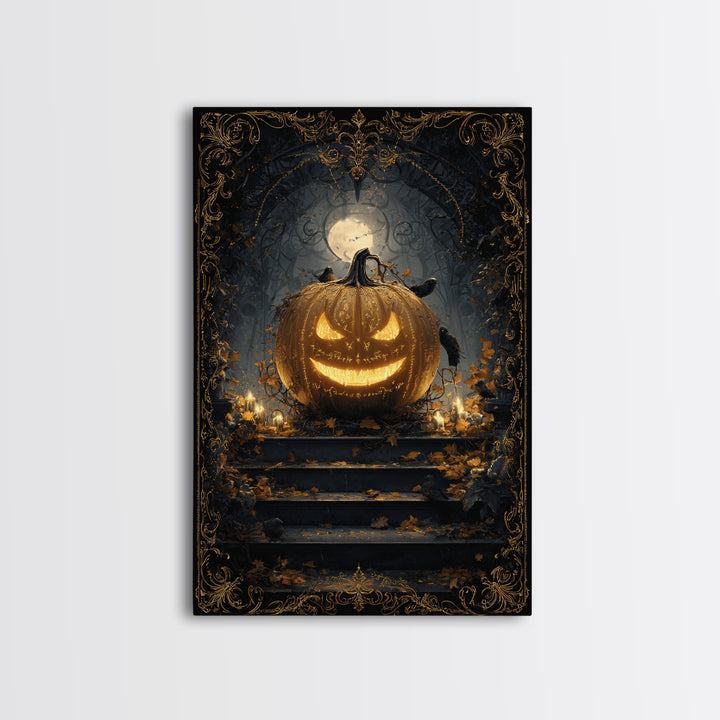 The Gold-Crowned Pumpkin Oracle - Icon Portrait, Occult Wall Decor, Vertical Wall Art, Canvas Print, Halloween Home Decor, Gothic Wall Art