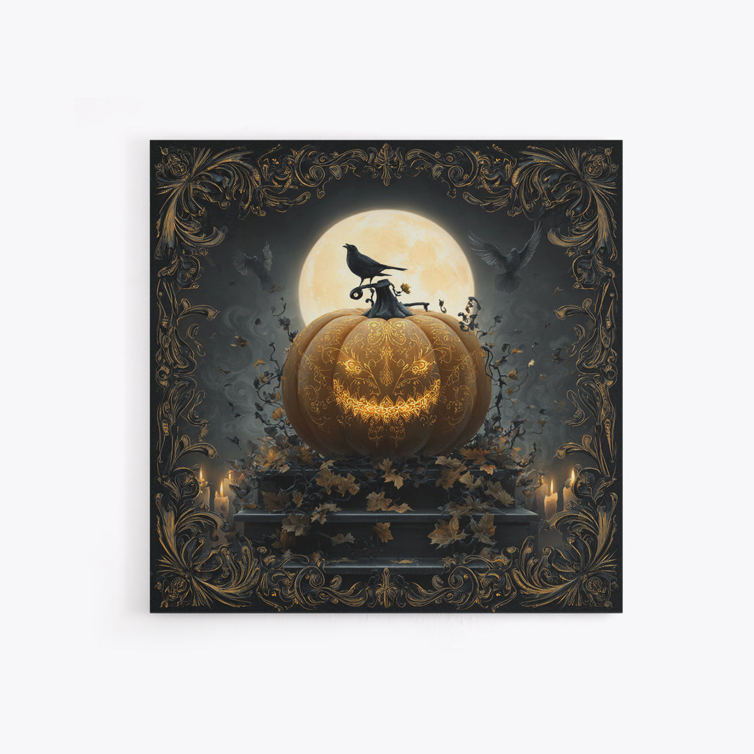 The Gold-Crowned Pumpkin Oracle - Icon Portrait, Spooky Wall Decor, Square Wall Art, Framed Canvas Print, Halloween Home Decor