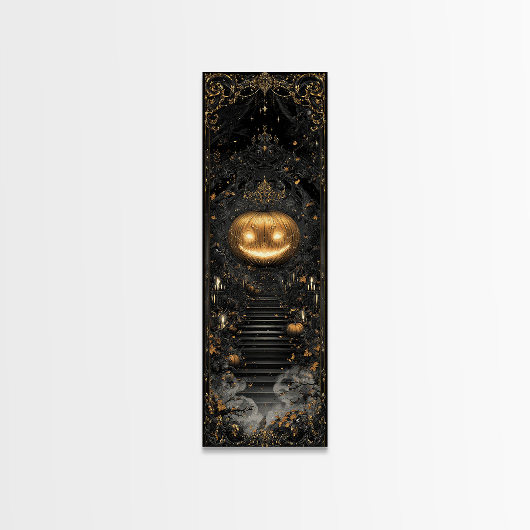 The Gold-Crowned Pumpkin Oracle - Icon Portrait, Spooky Wall Decor, Tall Narrow Wall Art, Framed Canvas Print, Halloween Home Decor