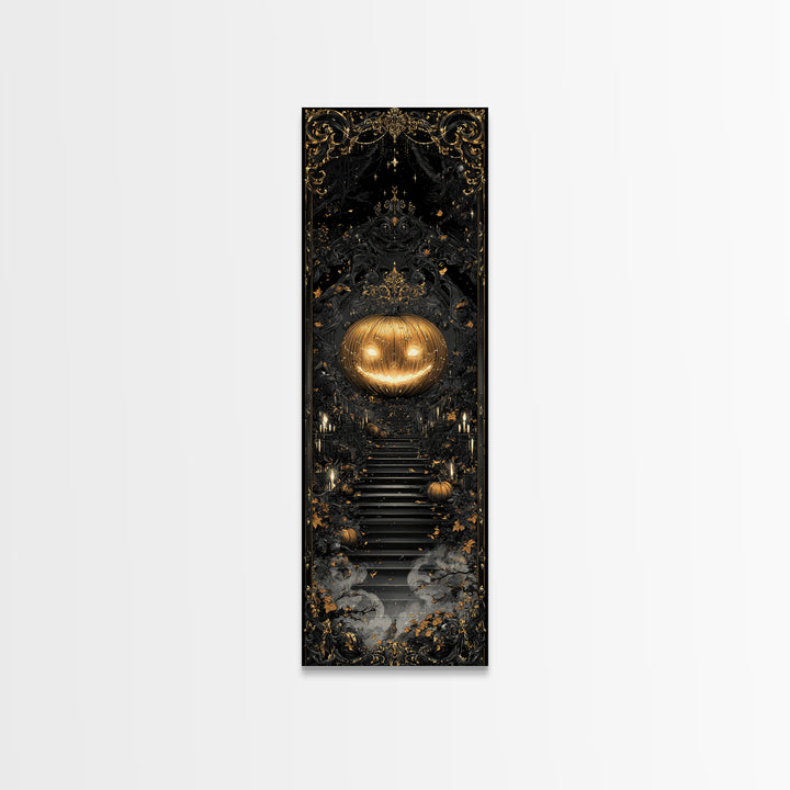 The Gold-Crowned Pumpkin Oracle - Icon Portrait, Spooky Wall Decor, Tall Narrow Wall Art, Framed Canvas Print, Halloween Home Decor