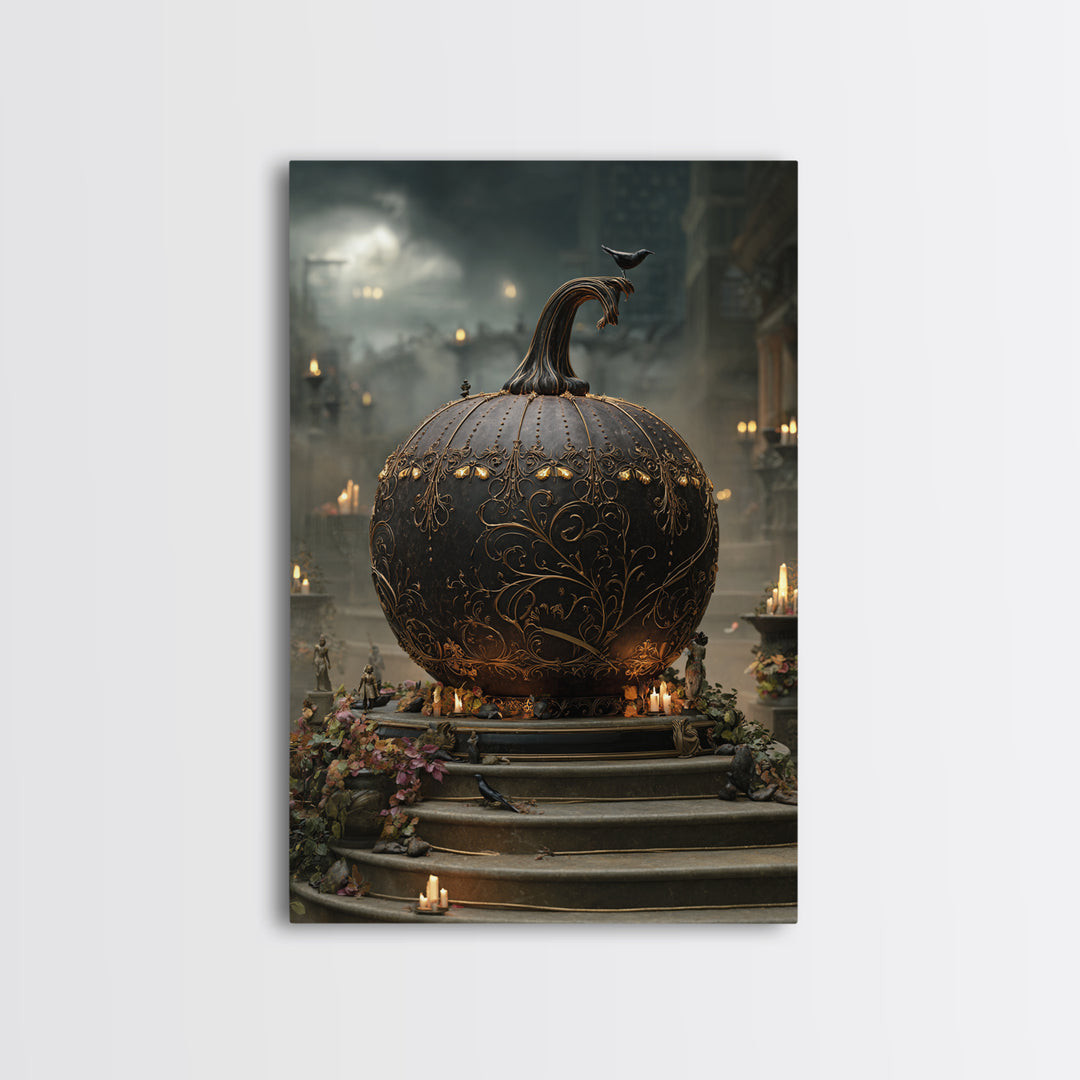 The Gold-Crowned Pumpkin Oracle - Environmental Panorama, Macabre Halloween Art, Vertical Wall Art, Framed Canvas Print, Gothic Wall Art