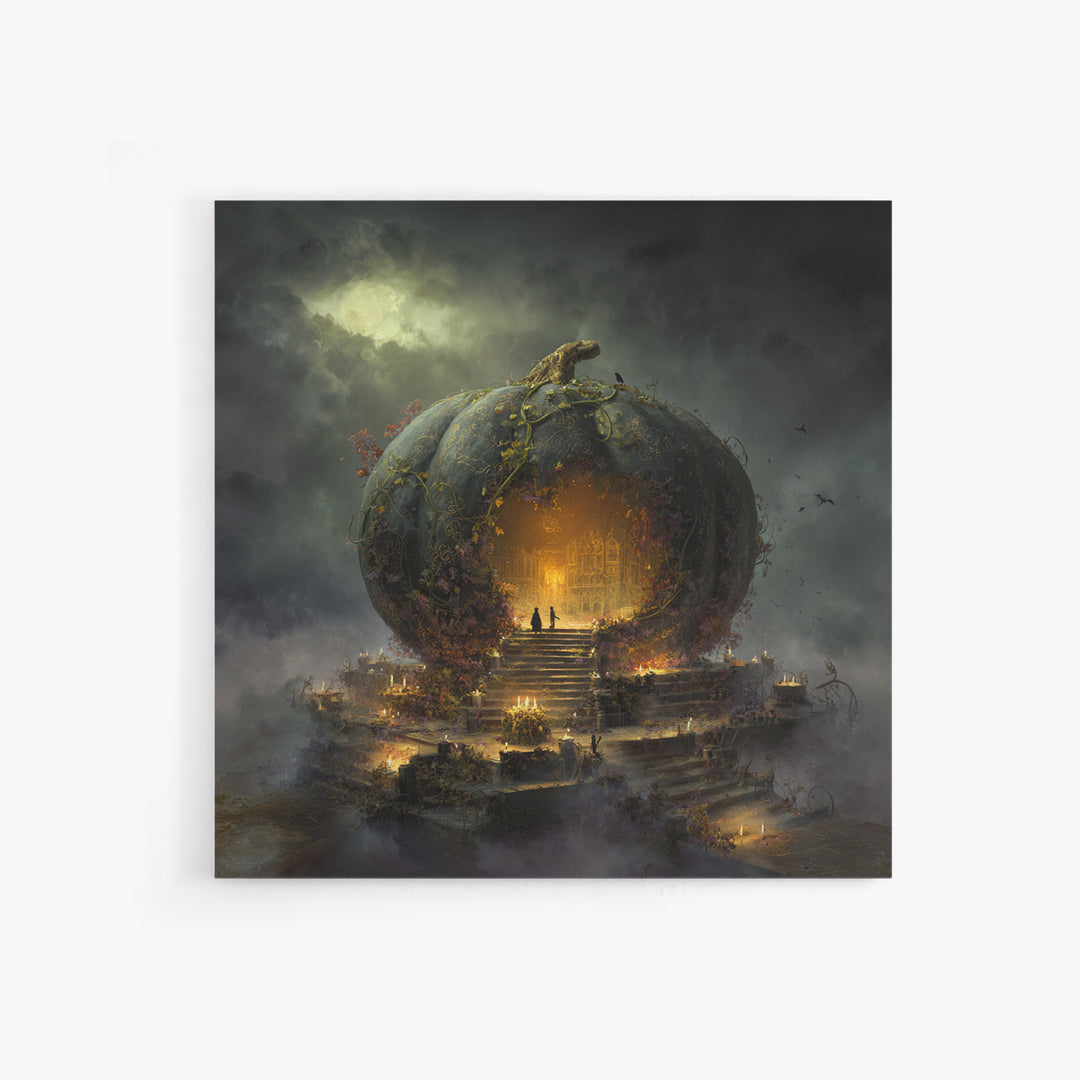 The Gold-Crowned Pumpkin Oracle - Environmental Panorama, Halloween Wall Art, Square Wall Art, Framed Canvas Print, Halloween Home Decor