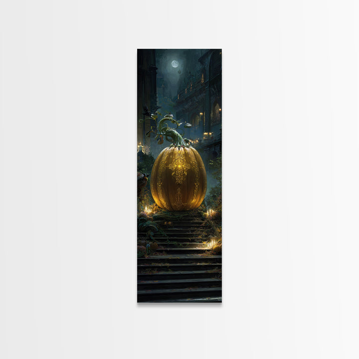 The Gold-Crowned Pumpkin Oracle - Environmental Panorama, Dark Fantasy Wall Art, Tall Narrow Wall Art, Canvas Print, Halloween Home Decor