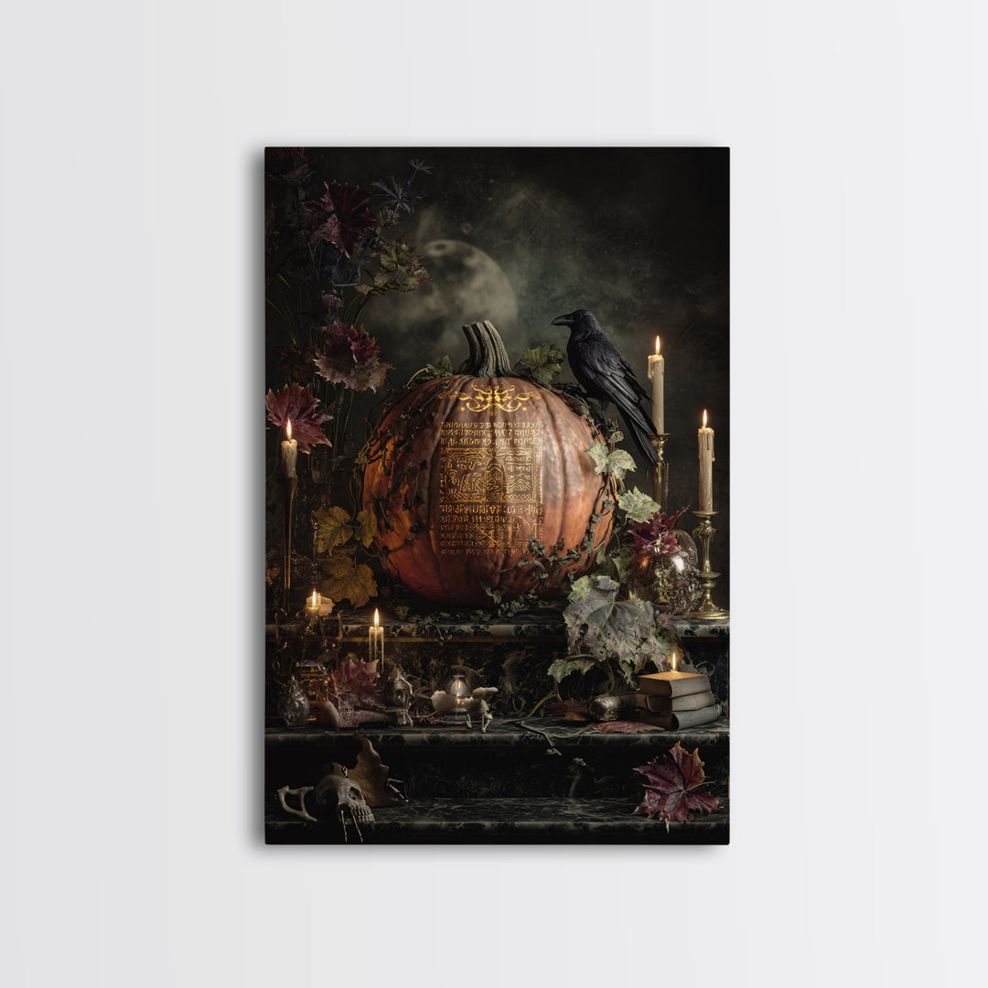 The Gold-Crowned Pumpkin Oracle - Occult Still Life, Macabre Halloween Art, Vertical Wall Art, Framed Canvas Print, Halloween Home Decor